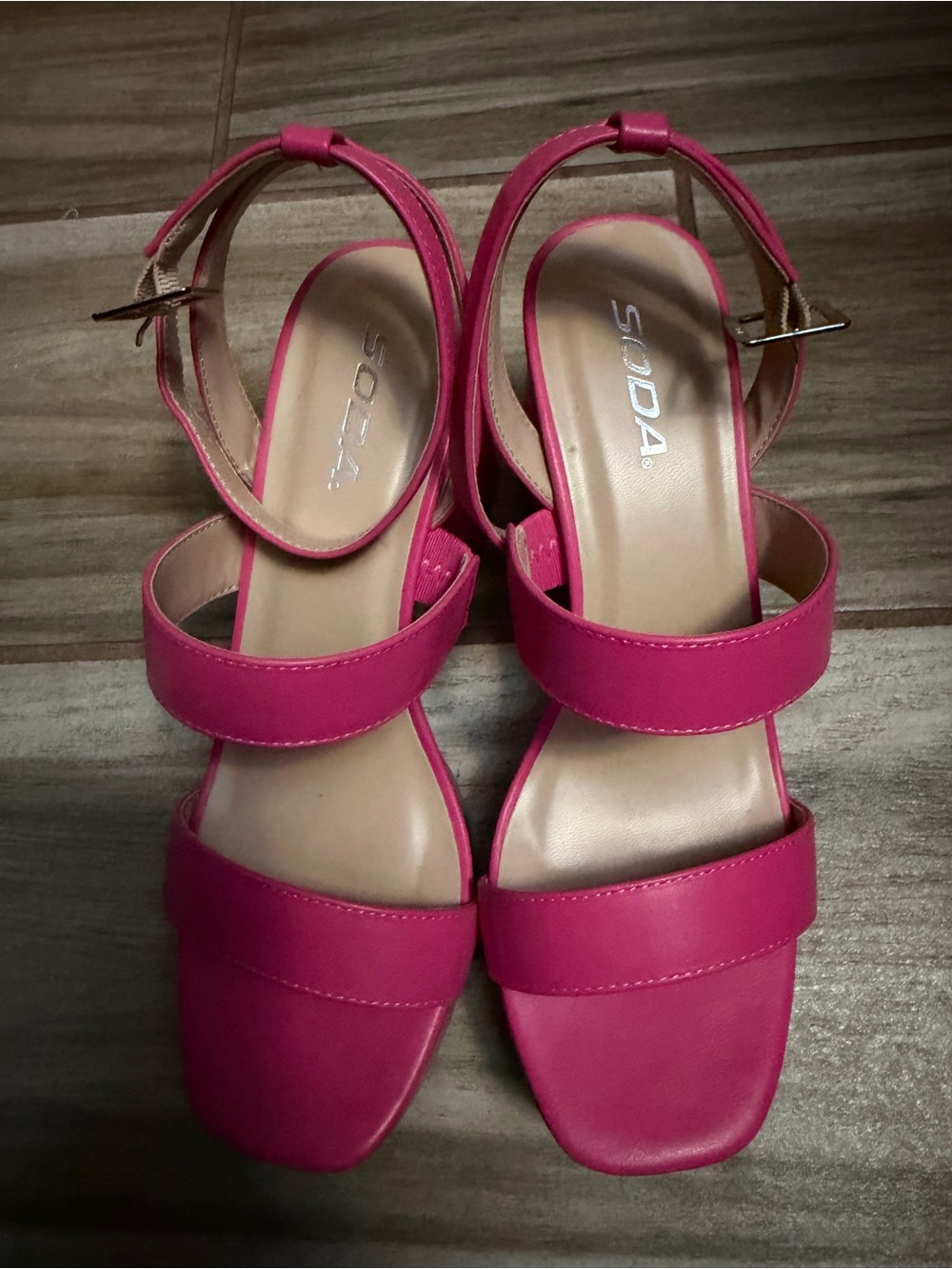 Soda Hot Pink Double Strap Block Heel Sandals